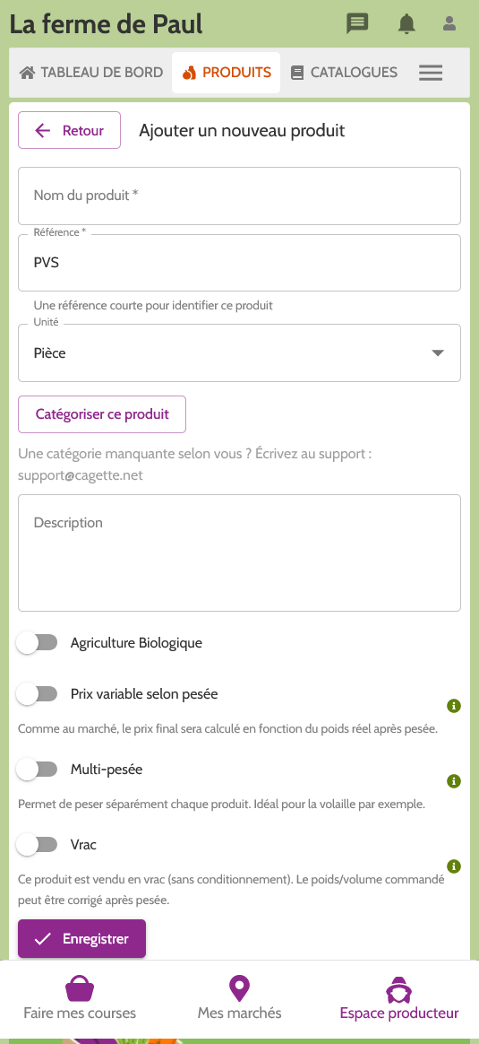 formulaire de création de produit