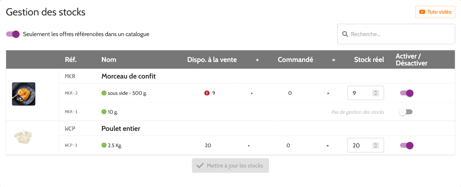 tableau de gestion de stock